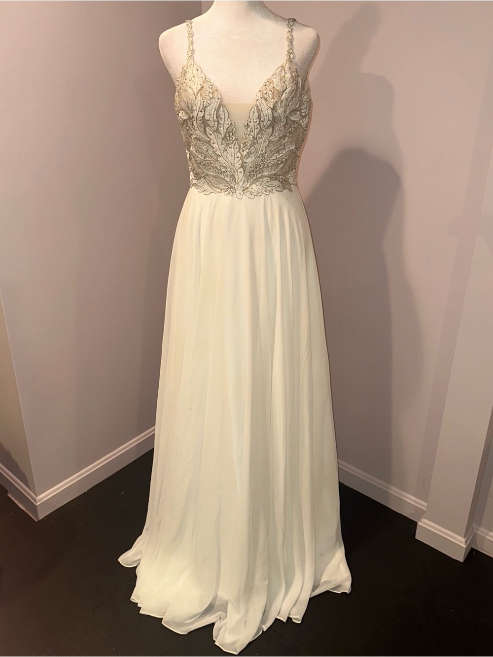Jovani Ivory Chiffon Skirt Beaded Lace Bodice Spaghetti Strap Gown